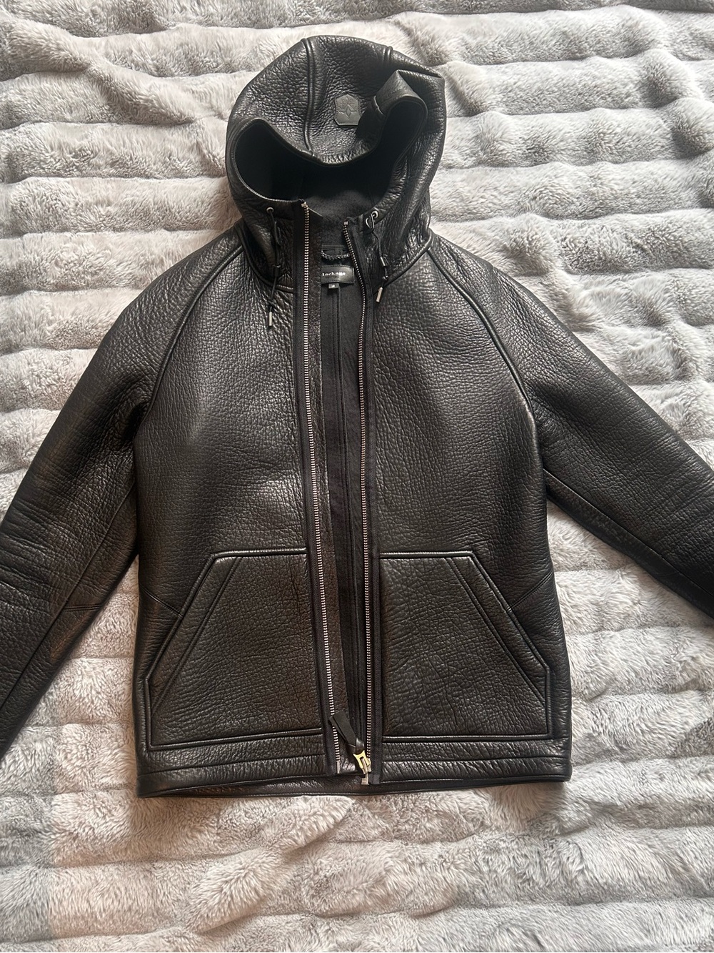 Mackage Black Pebbled Leather Hooded Bomber Jacket